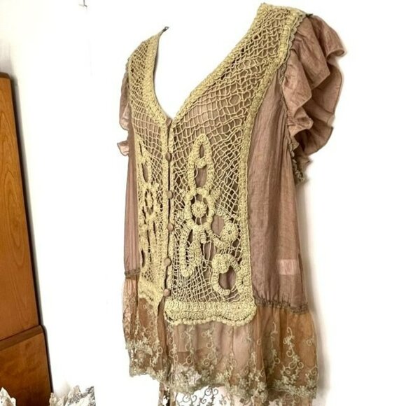 NWOT SCULLY BRONZE BEIGE SEMI-SHEER LAYERED LACE BLOUSE SIZE LARGE - Picture 5 of 13